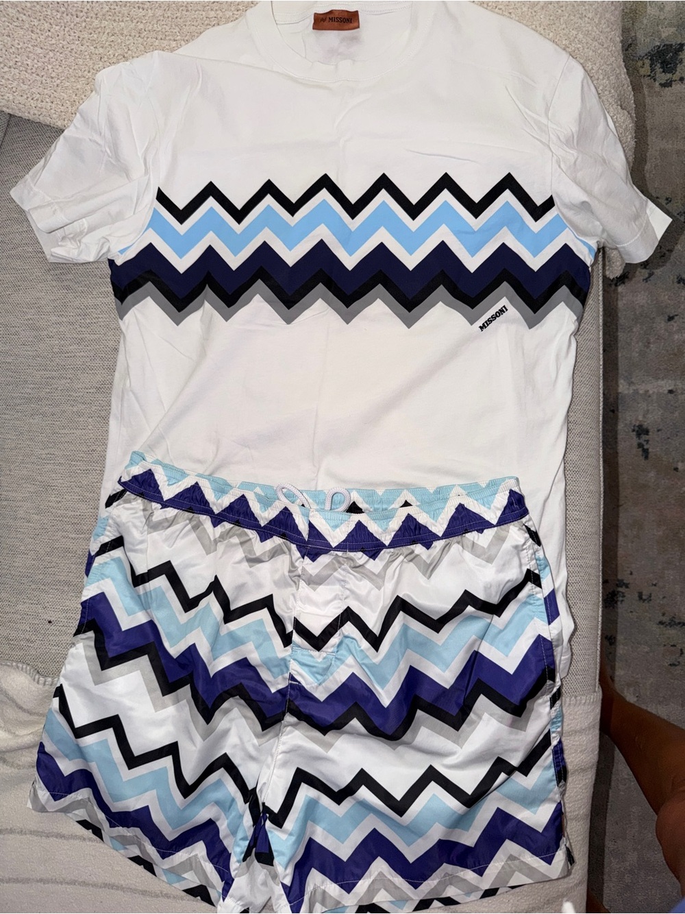 Missoni White Tee and Zigzag Swim Shorts Set with Blue and Black Accents